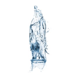 Image of Water splashing in contour of bottle on white background