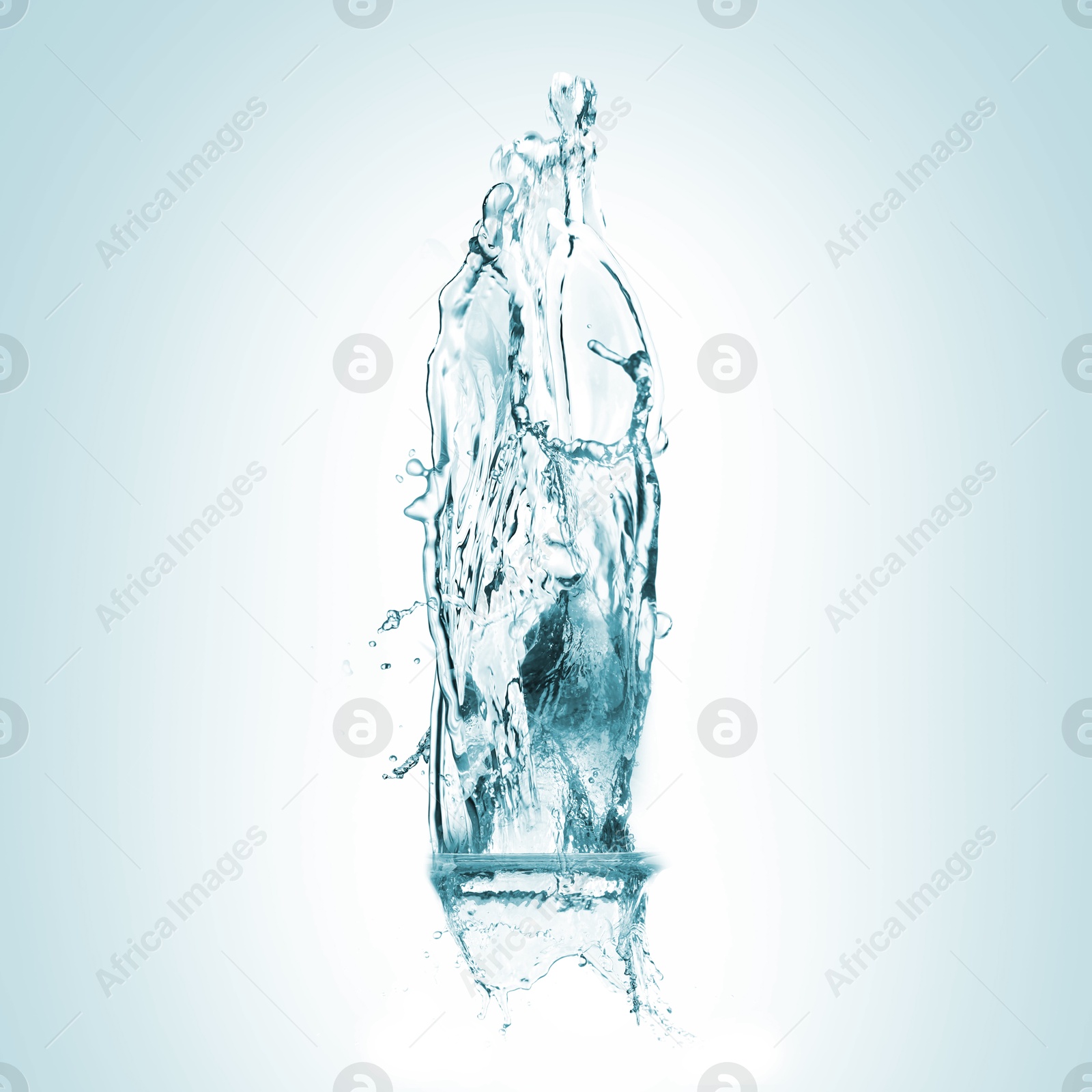 Image of Water splashing in contour of bottle on turquoise background