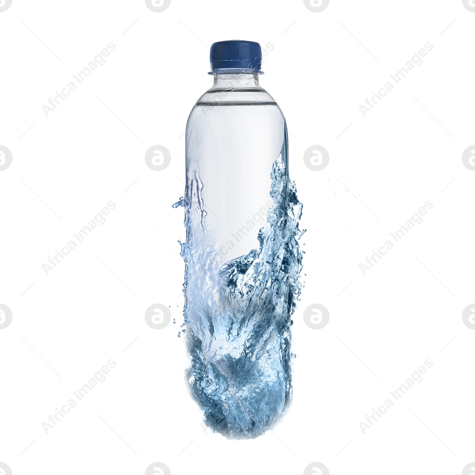 Image of Splashing water continuing shape of bottle on white background