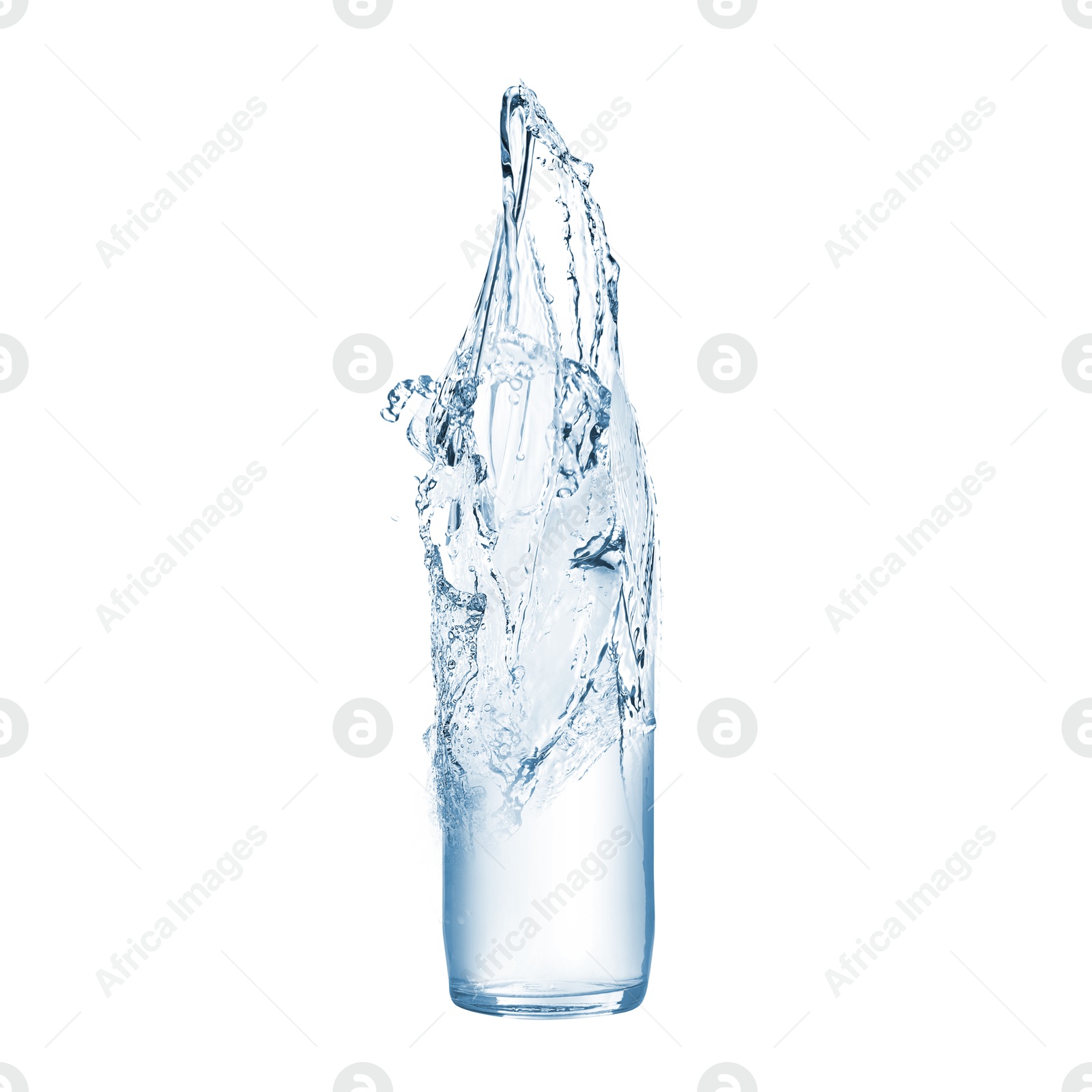 Image of Splashing water continuing shape of bottle on white background