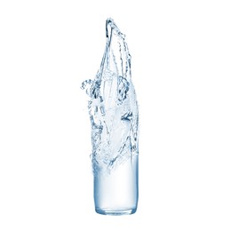 Image of Splashing water continuing shape of bottle on white background