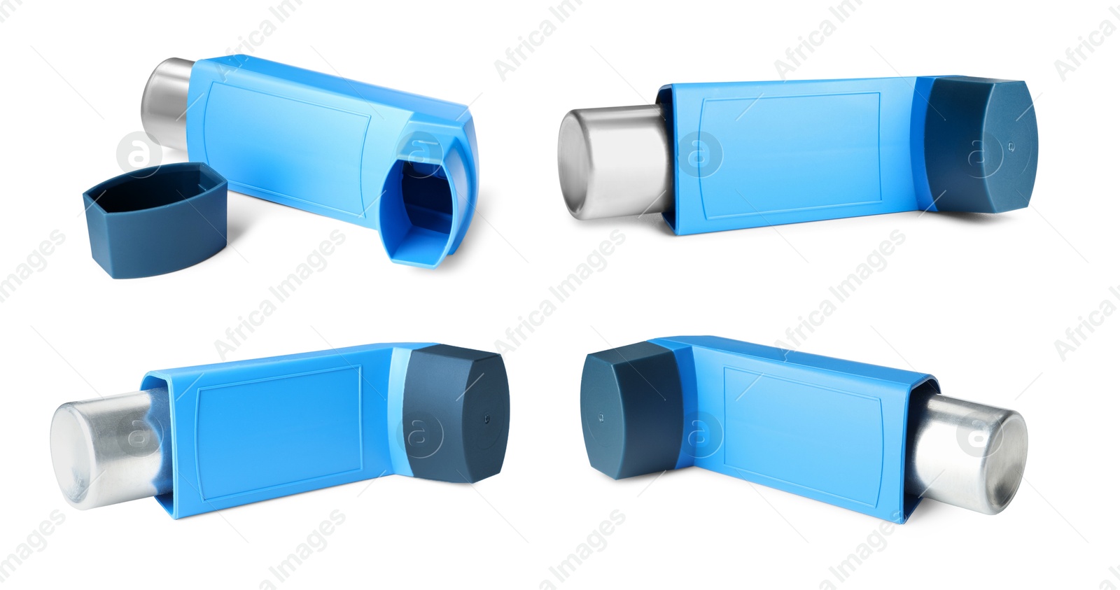 Image of Inhaler isolated on white, collage. Asthma treatment