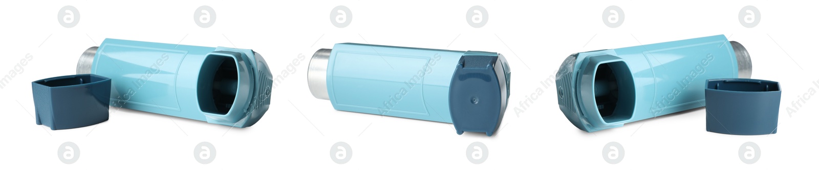 Image of Inhaler isolated on white, collage. Asthma treatment