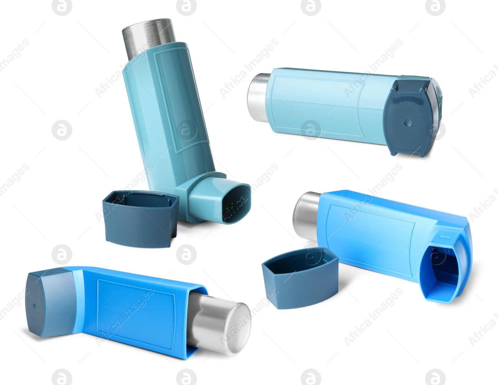 Image of Inhalers isolated on white, collage. Asthma treatment