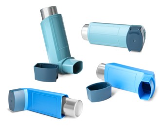 Image of Inhalers isolated on white, collage. Asthma treatment