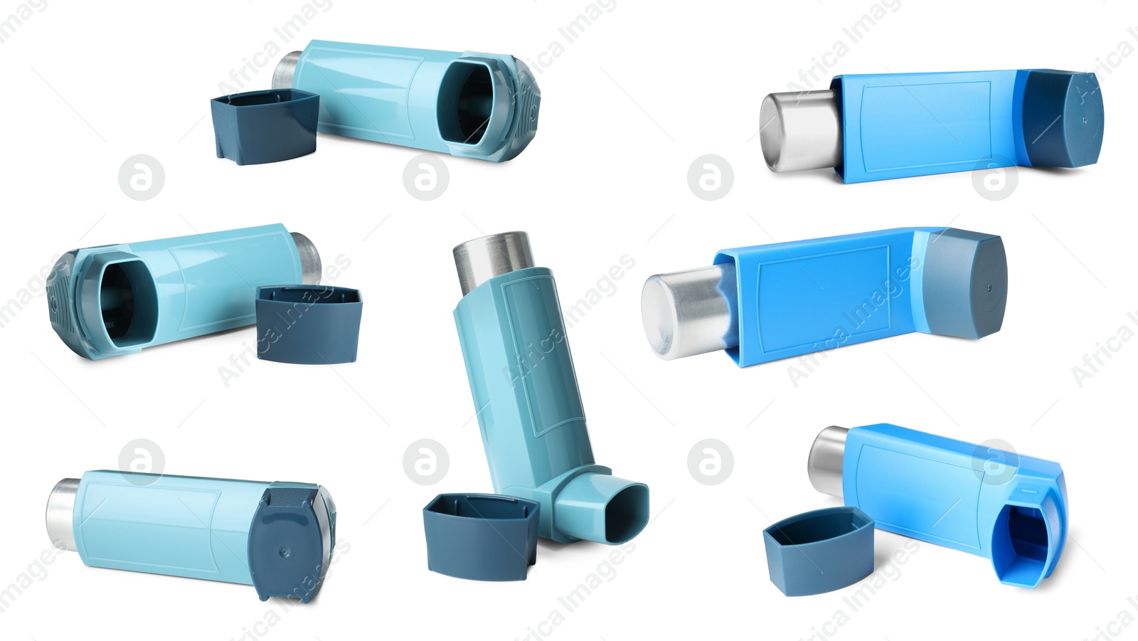 Image of Inhalers isolated on white, collage. Asthma treatment