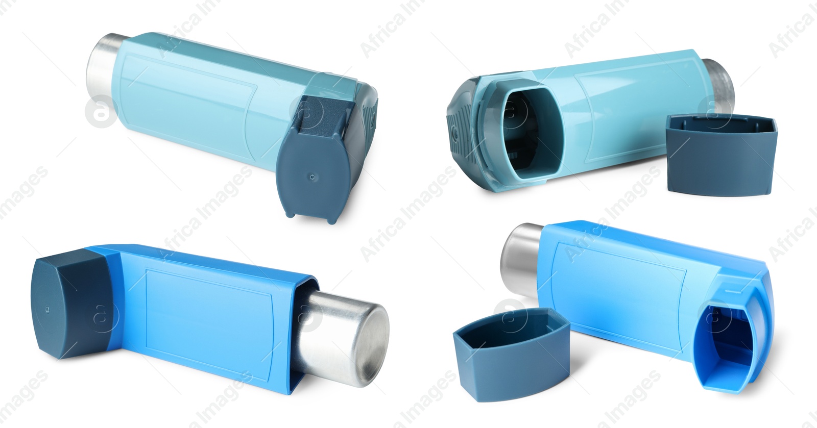 Image of Inhalers isolated on white, collage. Asthma treatment