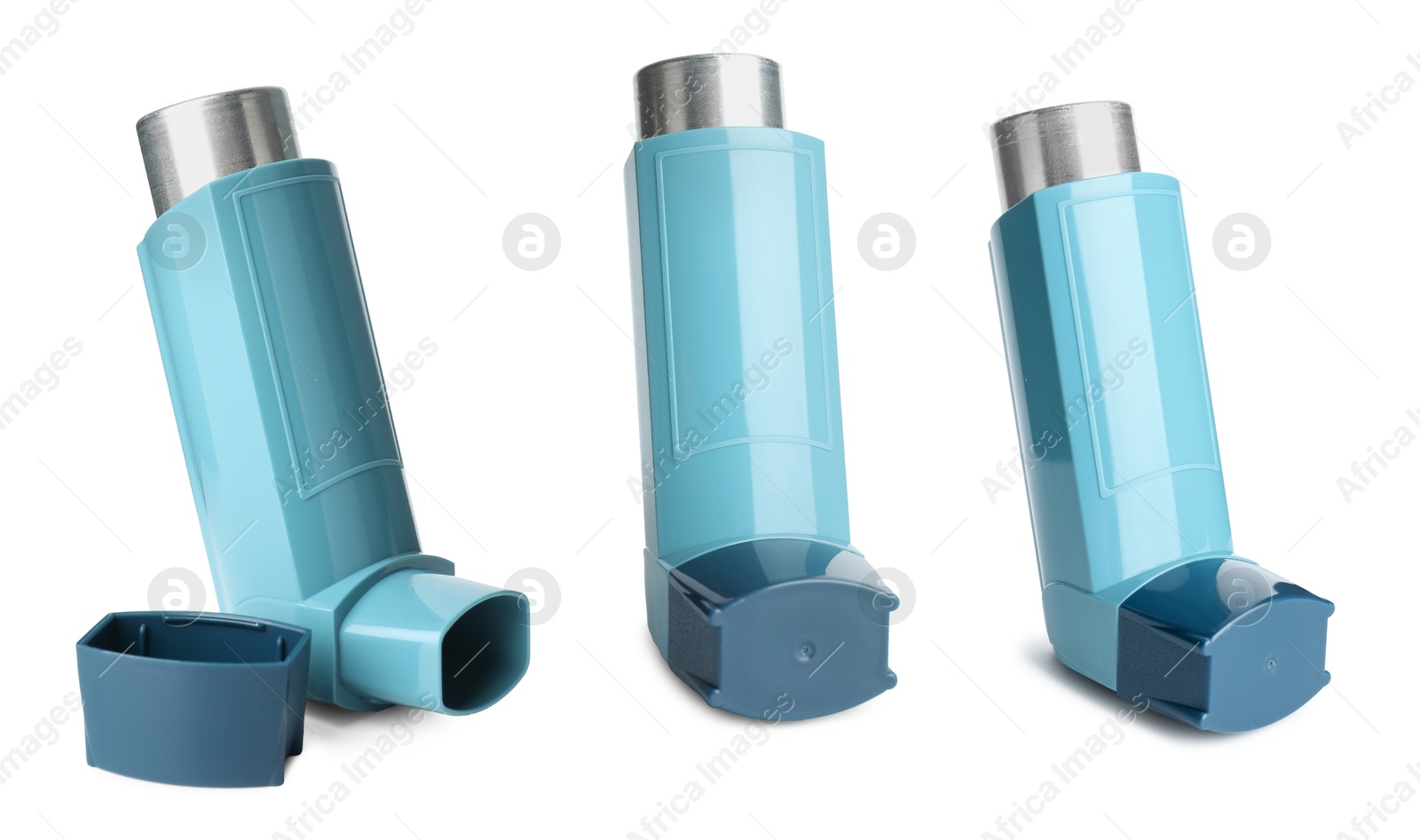 Image of Inhaler isolated on white, collage. Asthma treatment