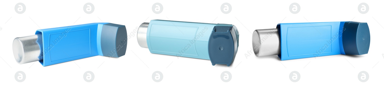 Image of Inhalers isolated on white, collage. Asthma treatment