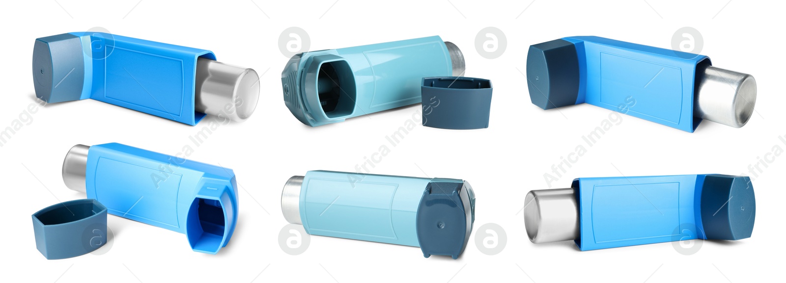 Image of Inhalers isolated on white, collage. Asthma treatment