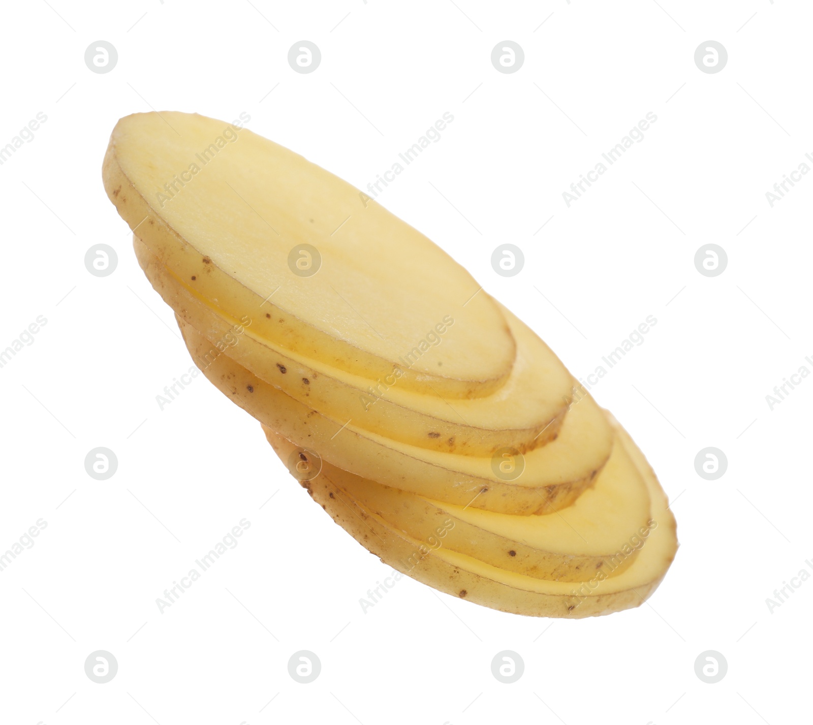 Photo of Slices of raw potato isolated on white