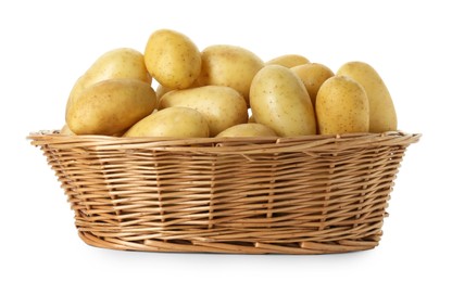 Photo of Young potatoes in wicker basket isolated on white