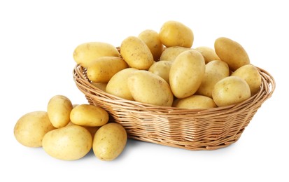 Photo of Young potatoes in wicker basket isolated on white