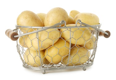 Photo of Young potatoes in metal basket isolated on white