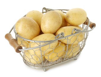 Photo of Young potatoes in metal basket isolated on white