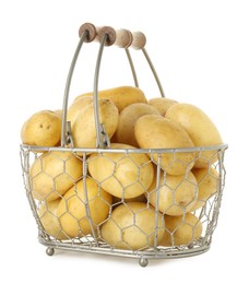 Photo of Young potatoes in metal basket isolated on white