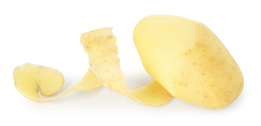 Photo of One fresh young potato with peel isolated on white, top view