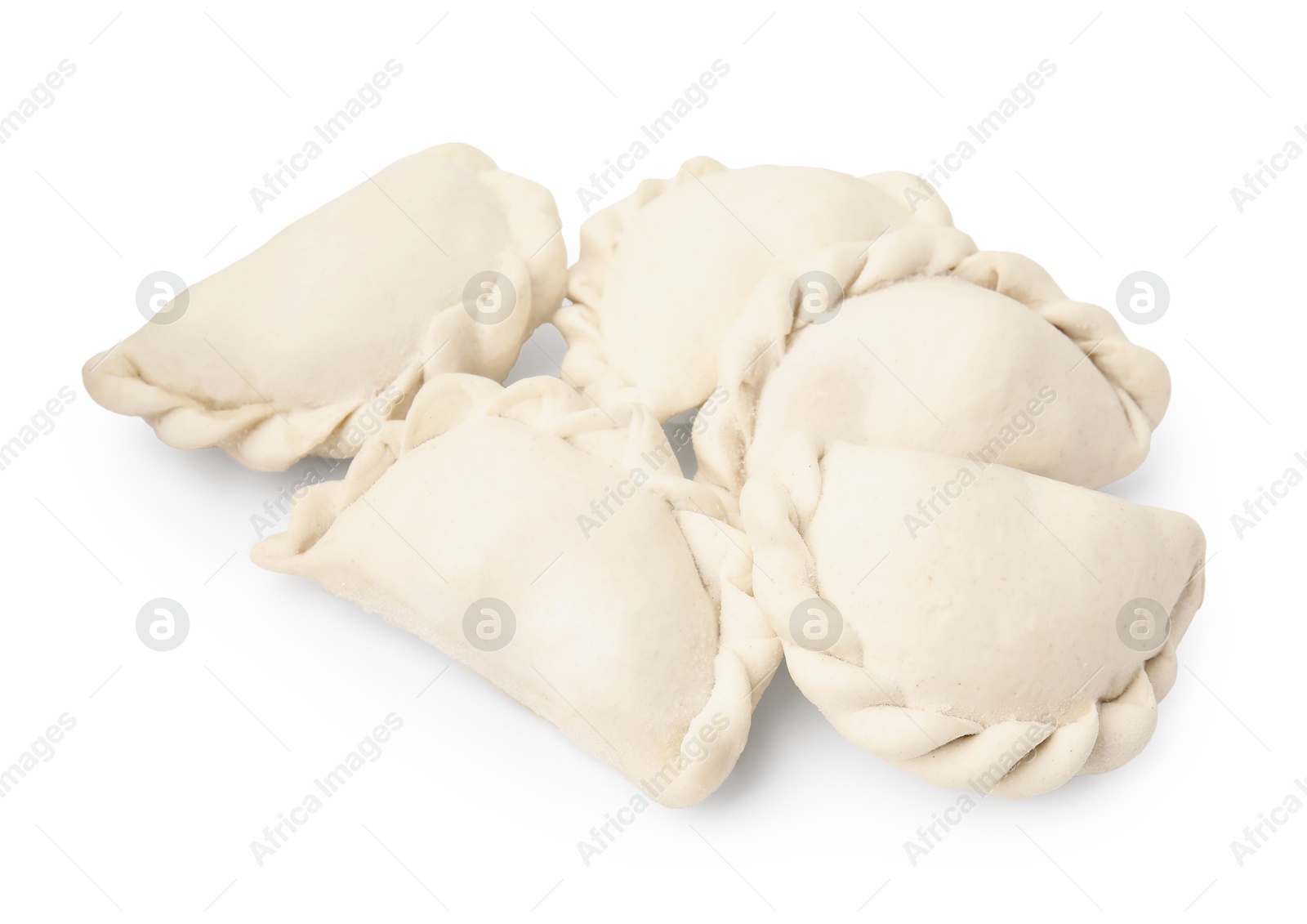 Photo of Raw dumplings (varenyky) isolated on white. Ukrainian cuisine