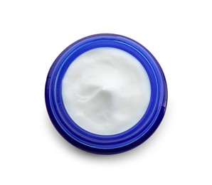 Jar of facial cream isolated on white, top view