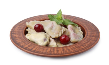 Photo of Traditional Ukrainian dumplings (varenyky) with cherries isolated on white