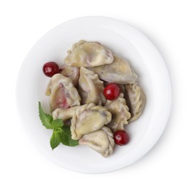 Photo of Traditional Ukrainian dumplings (varenyky) with cherries isolated on white, top view