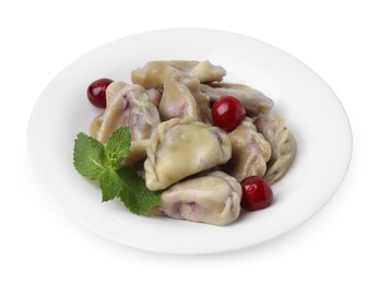 Photo of Traditional Ukrainian dumplings (varenyky) with cherries isolated on white