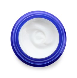 Photo of Face cream in jar isolated on white, top view