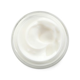 Face cream in jar isolated on white, top view