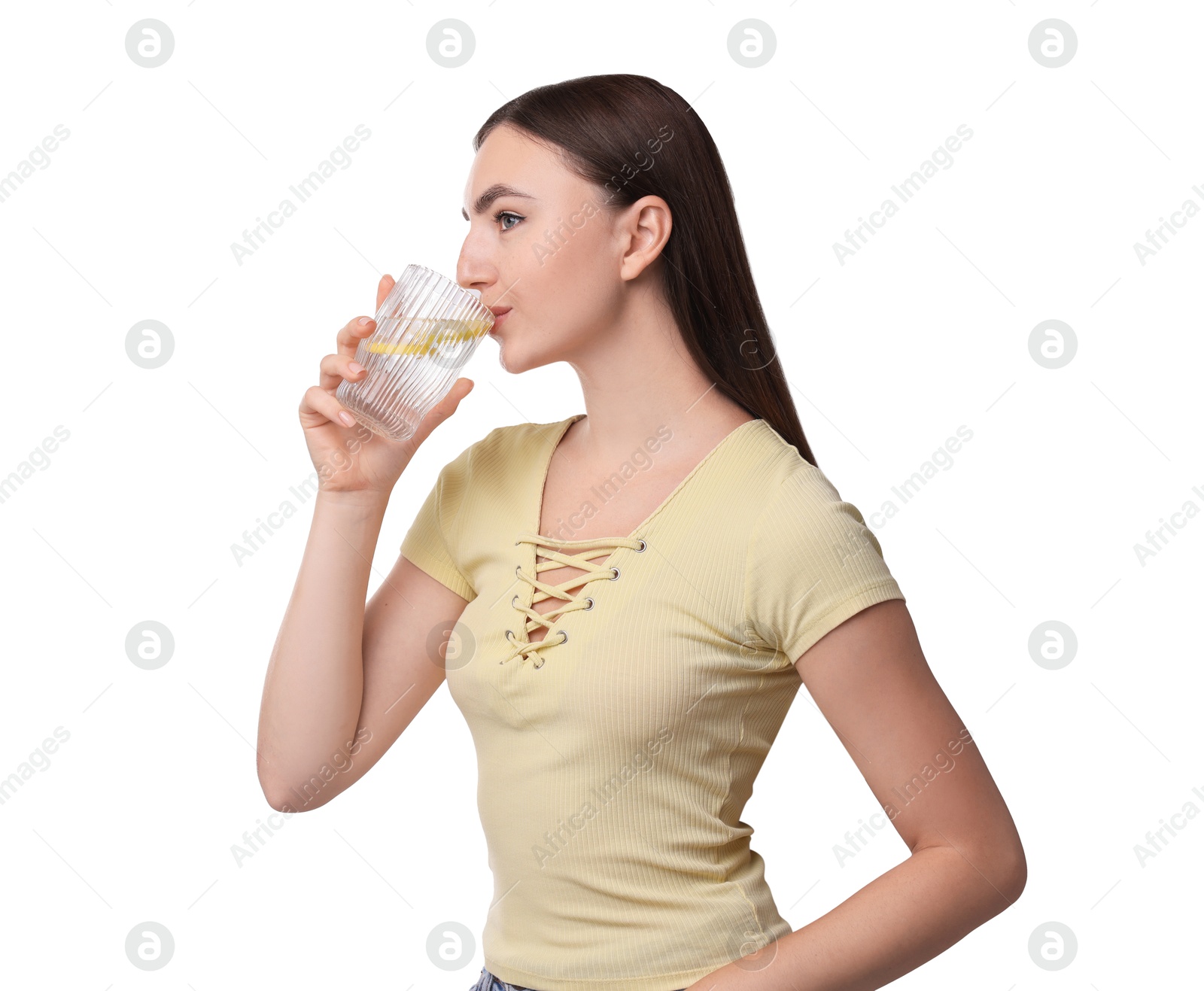 Photo of Woman drinking water with lemon on white background