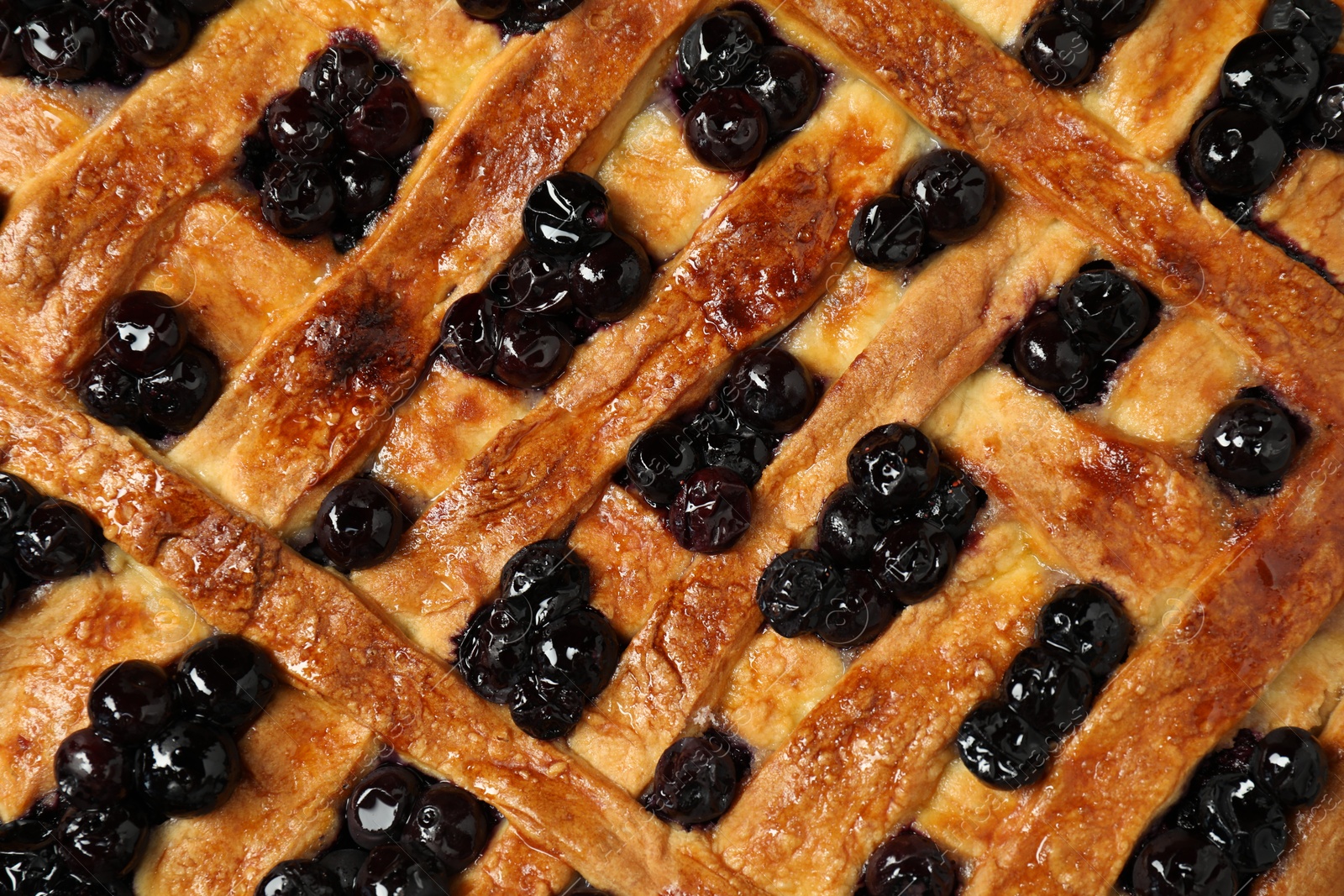 Photo of Tasty homemade pie with blueberries as background, top view