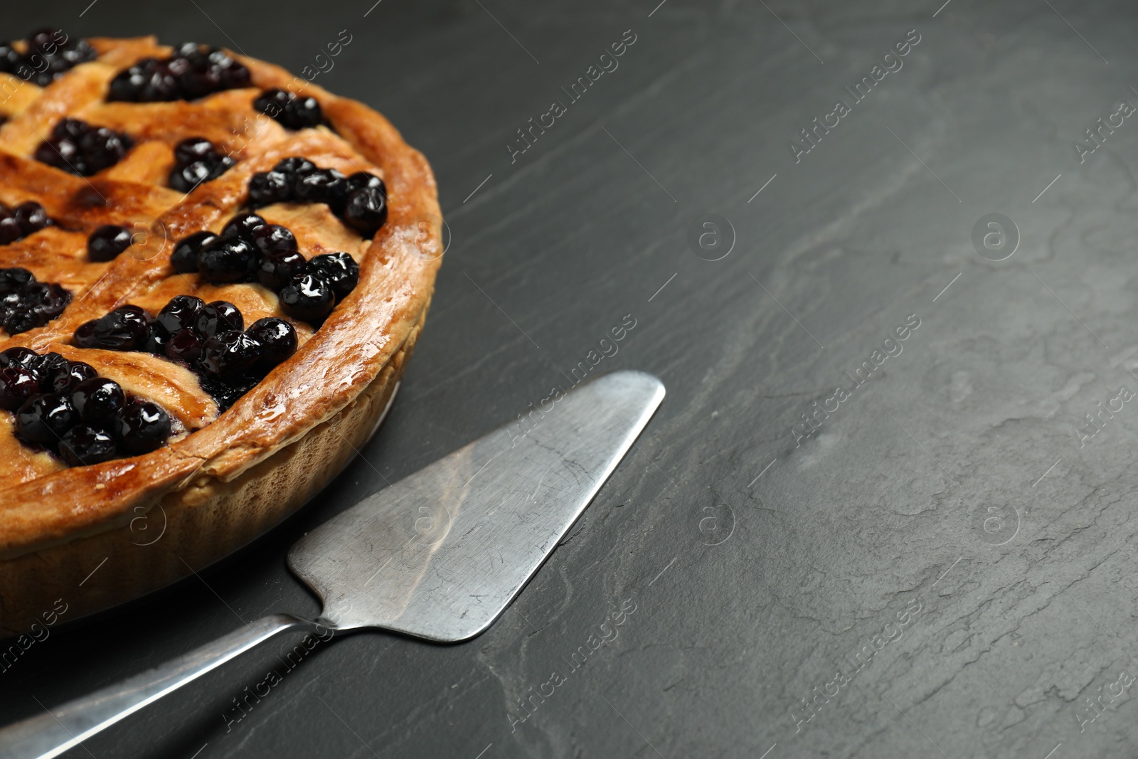 Photo of Tasty homemade pie with blueberries served on grey textured table, closeup. Space for text