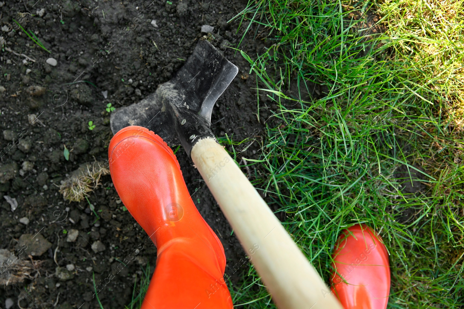 Photo of Farmer digging soil with shovel, above view