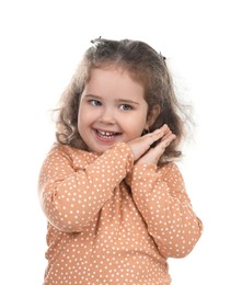 Portrait of smiling girl on white background. Adorable child