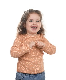 Photo of Portrait of smiling girl on white background. Adorable child