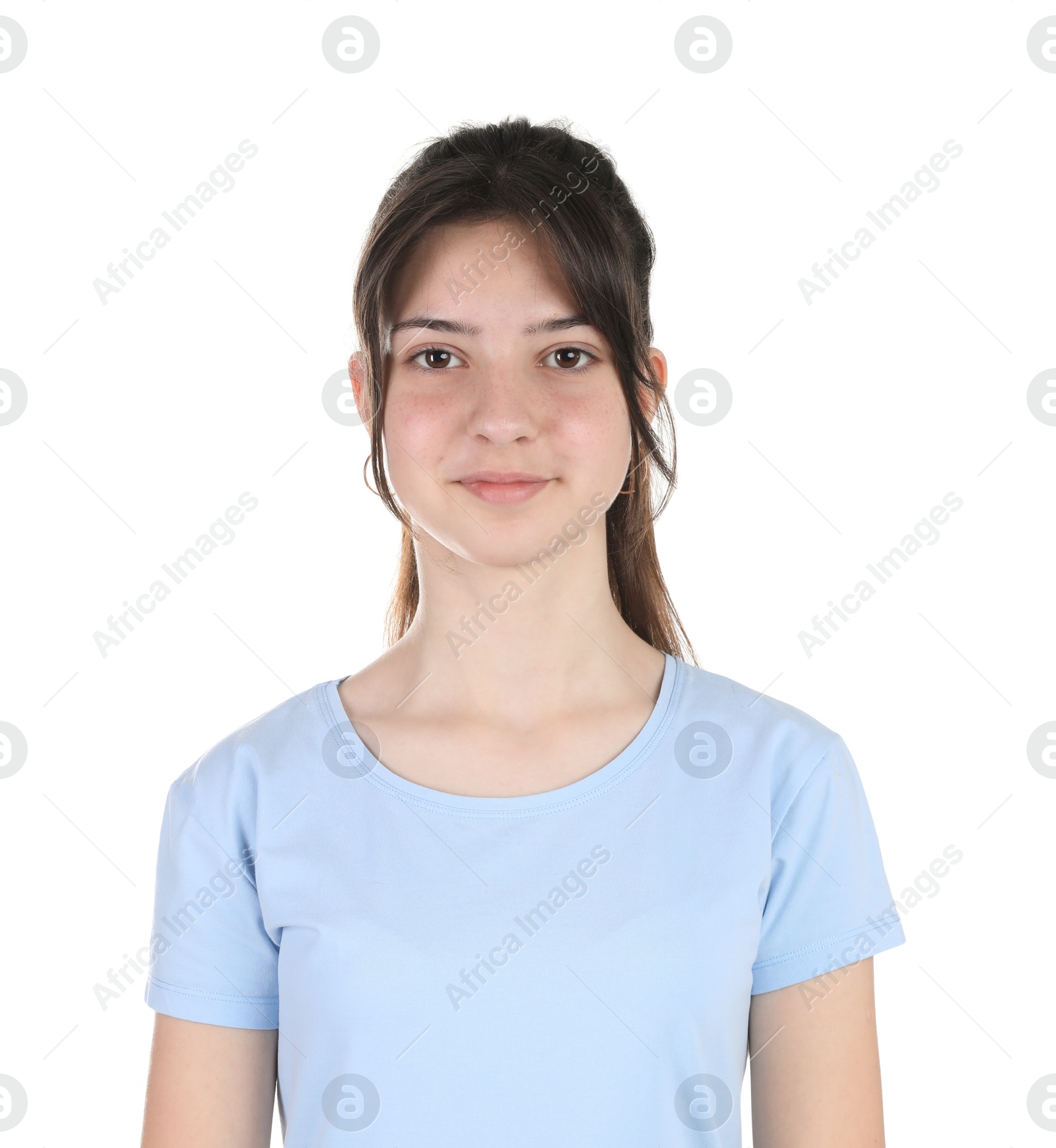 Photo of Portrait of cute teenage girl on white background