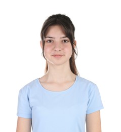 Portrait of cute teenage girl on white background