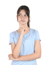 Photo of Portrait of cute teenage girl on white background