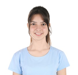 Photo of Portrait of smiling teenage girl on white background