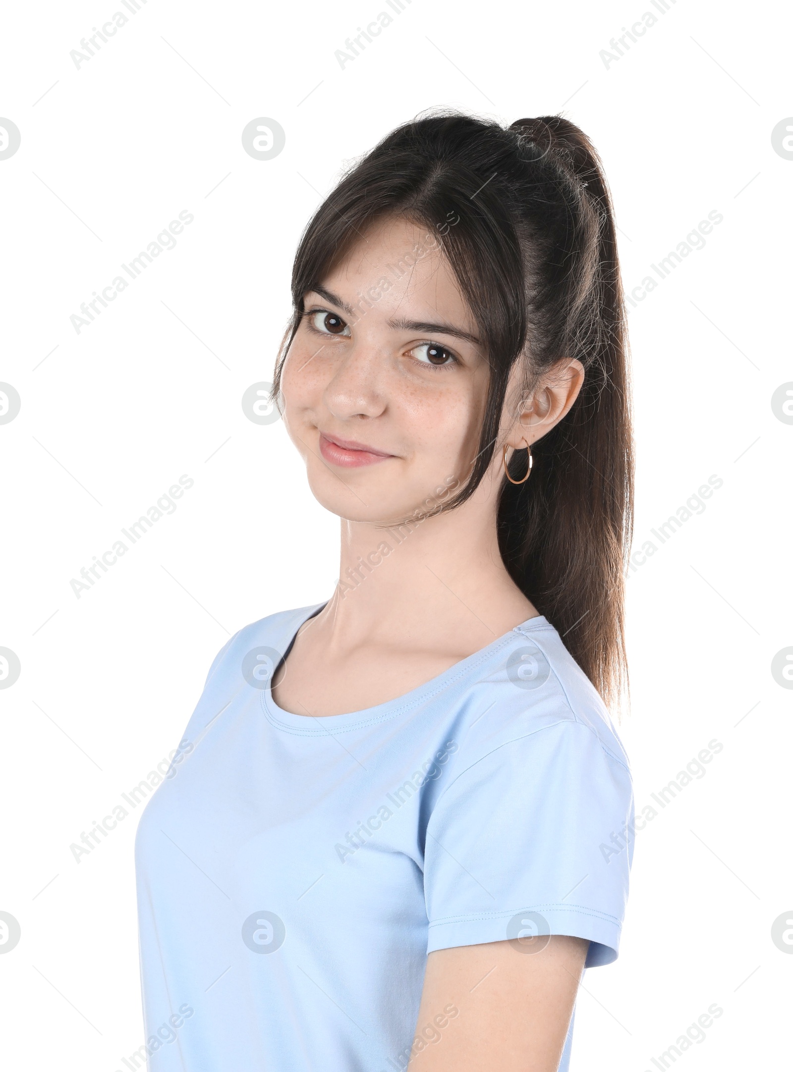 Photo of Portrait of cute teenage girl on white background