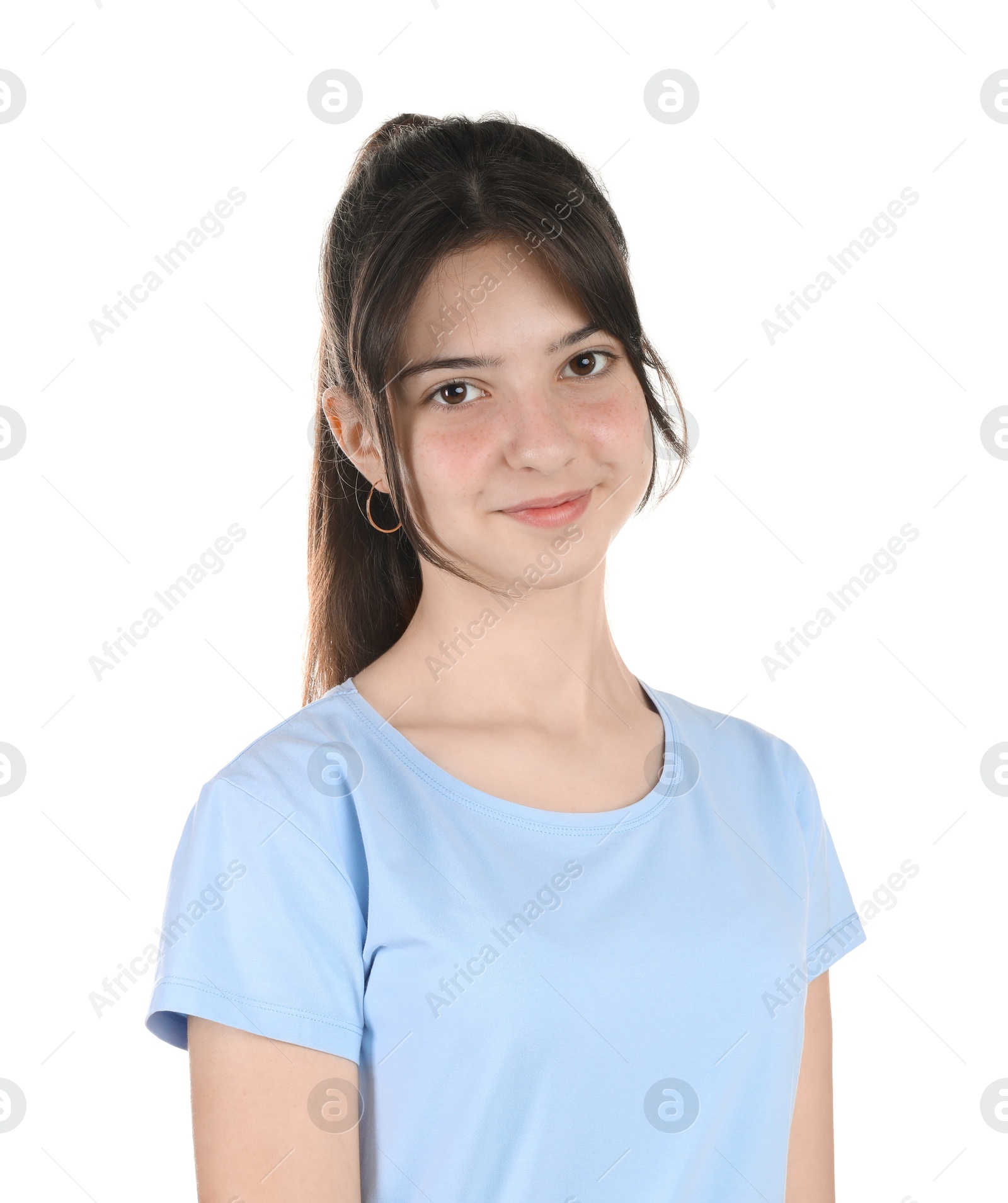 Photo of Portrait of cute teenage girl on white background