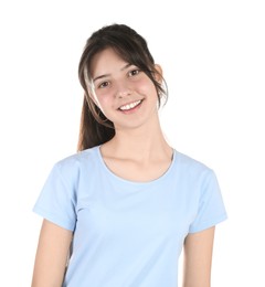 Photo of Portrait of smiling teenage girl on white background