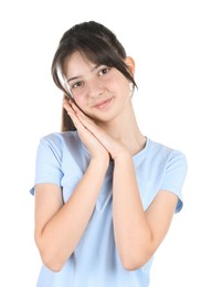 Photo of Portrait of cute teenage girl on white background