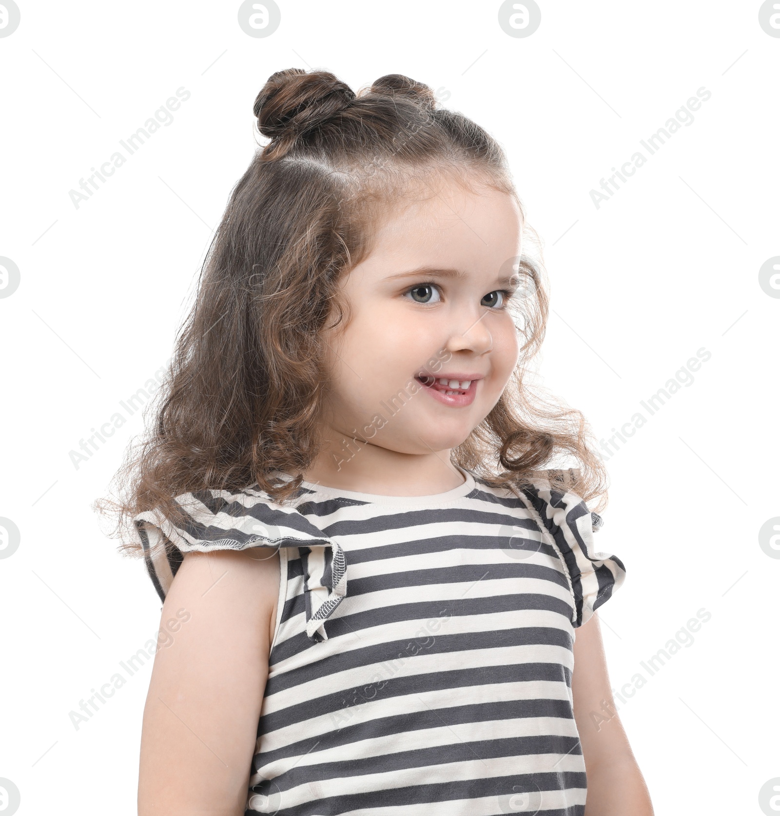 Photo of Portrait of smiling girl on white background. Adorable child