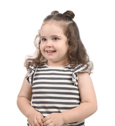 Photo of Portrait of smiling girl on white background. Adorable child