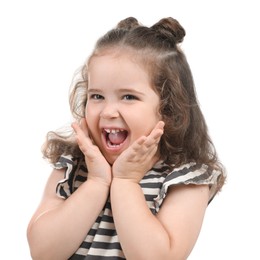 Photo of Portrait of happy girl on white background. Adorable child