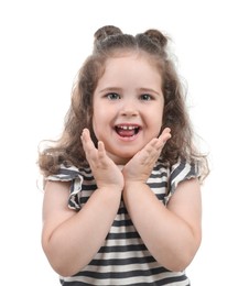 Photo of Portrait of happy girl on white background. Adorable child