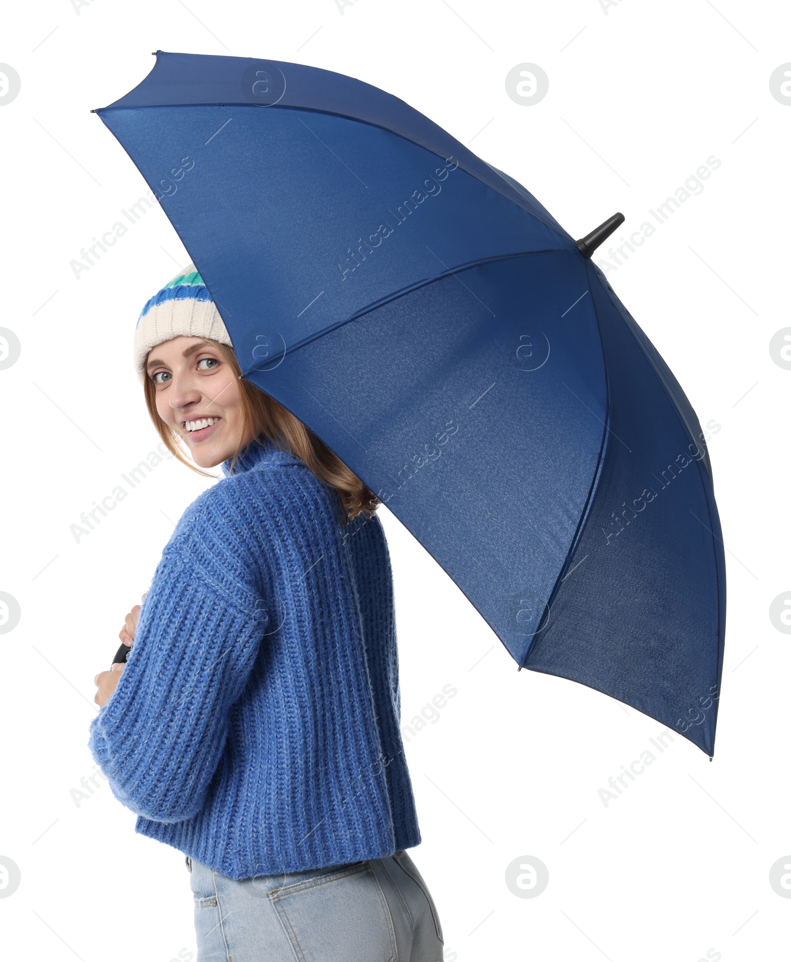 Photo of Woman with blue umbrella on white background