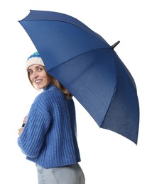 Woman with blue umbrella on white background