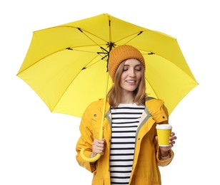 Photo of Woman with yellow umbrella and paper cup on white background