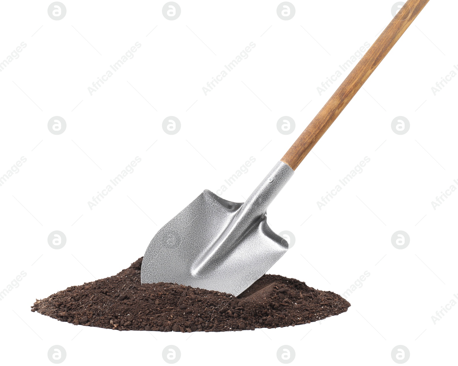 Photo of Metal shovel with wooden handle and pile of soil isolated on white